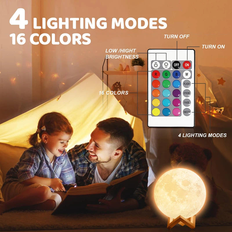 3D Moon Lamp — 16 Colors LED Night Light with Touch & Remote Control
