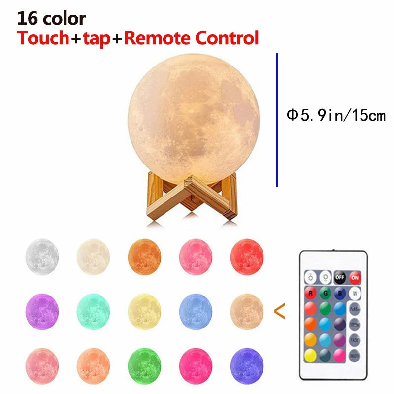 3D Moon Lamp 16 Colors Touch and Remote Control LED Night Light