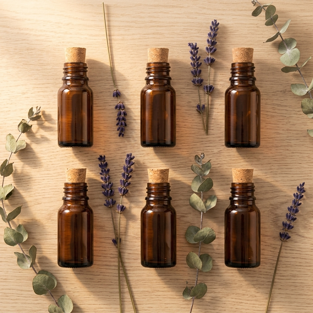 Pure aromatherapy essential oils in amber bottles with lavender and eucalyptus — natural hygge wellness