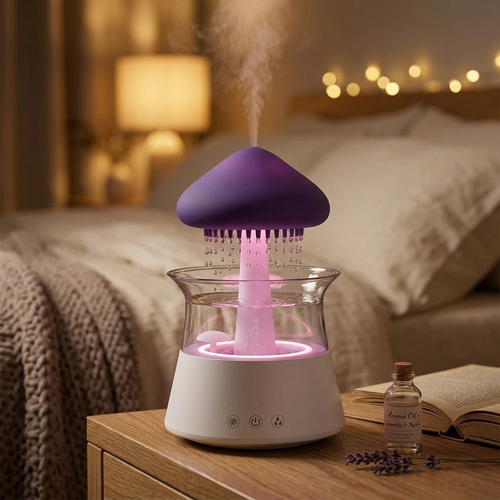 Rain cloud aroma diffuser with purple LED glow on a bedside table in a cozy hygge bedroom