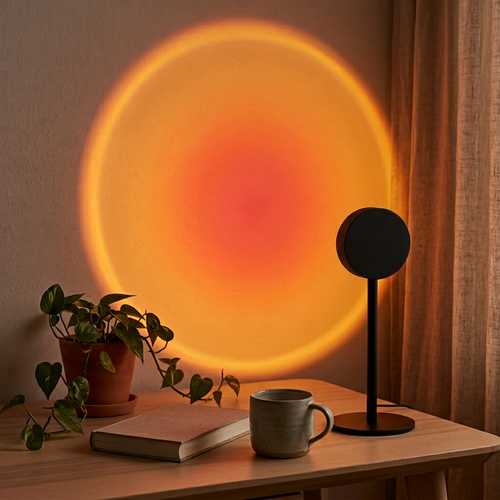 Sunset projection lamp casting a warm golden sunset glow on a wall in a cozy hygge living room